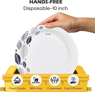 A hand holds a decorative disposable 10-inch jolly chef plate above a yellow trash bin, highlighting its convenience and eco-friendly features.