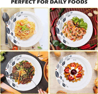Four jolly chef plates of delicious meals: spaghetti, shrimp salad, a beef and vegetable mix, and a fourth dish, arranged beautifully.
