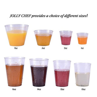 Image of various clear Jolly Chef plastic cups in different sizes (5oz to 16oz) filled with colorful drinks, labeled "JOLLY CHEF provides a choice of different sizes!"