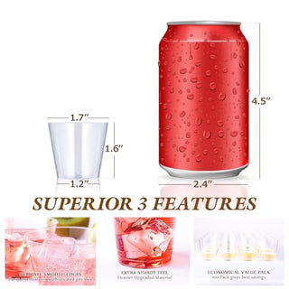 Image shows a red soda can next to a clear cup, highlighting size comparisons and features like smooth edges and sturdy material.
